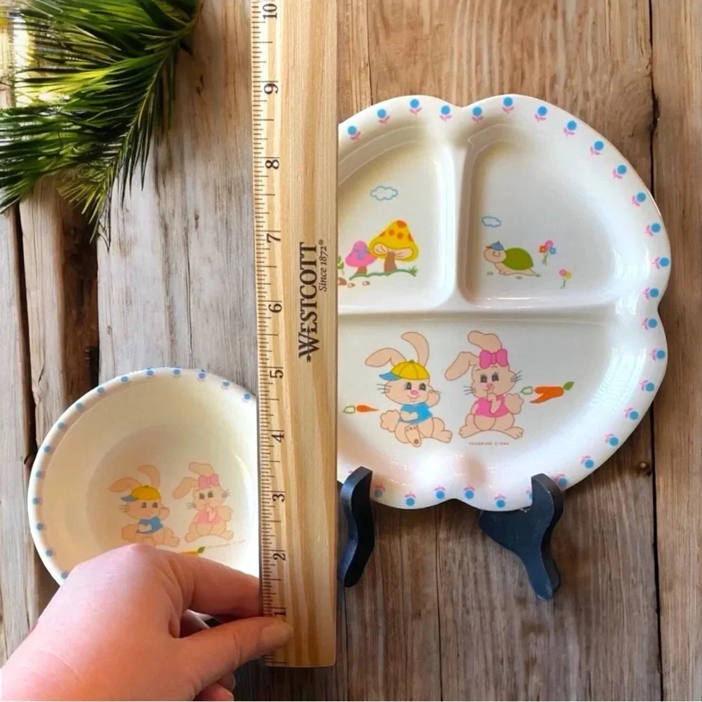 VINTAGE 1986 Peco Melamine Dinnerware Plate & Bowl - Bunny Rabbits